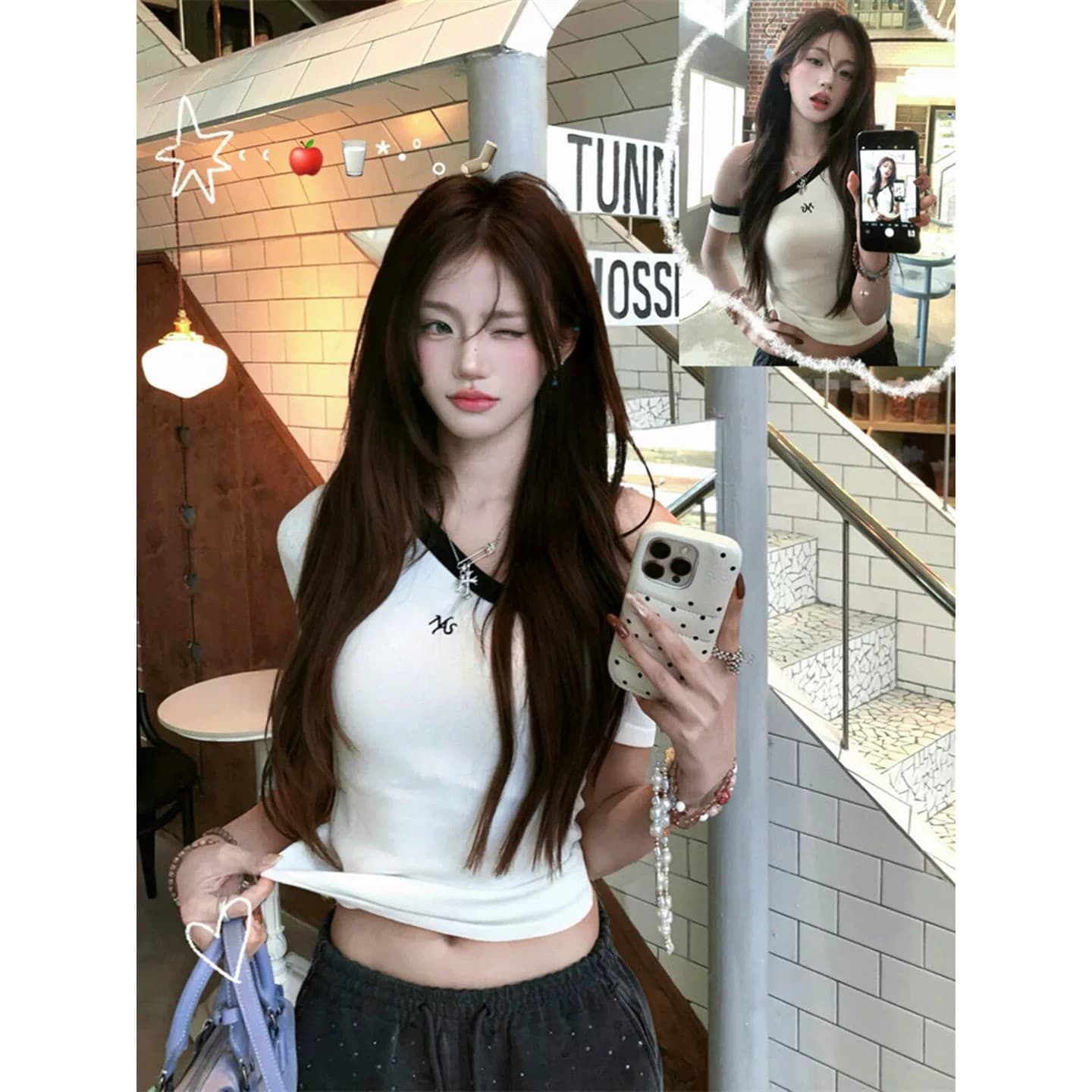 40 순면 한 부서 순수한 욕망 핫걸 바람이 아닙니다. 대칭 오프숄더 반팔 티셔츠 여성 여름 몸매 가꾸기 슬림해 보이는 디자인 센스 이미지 5