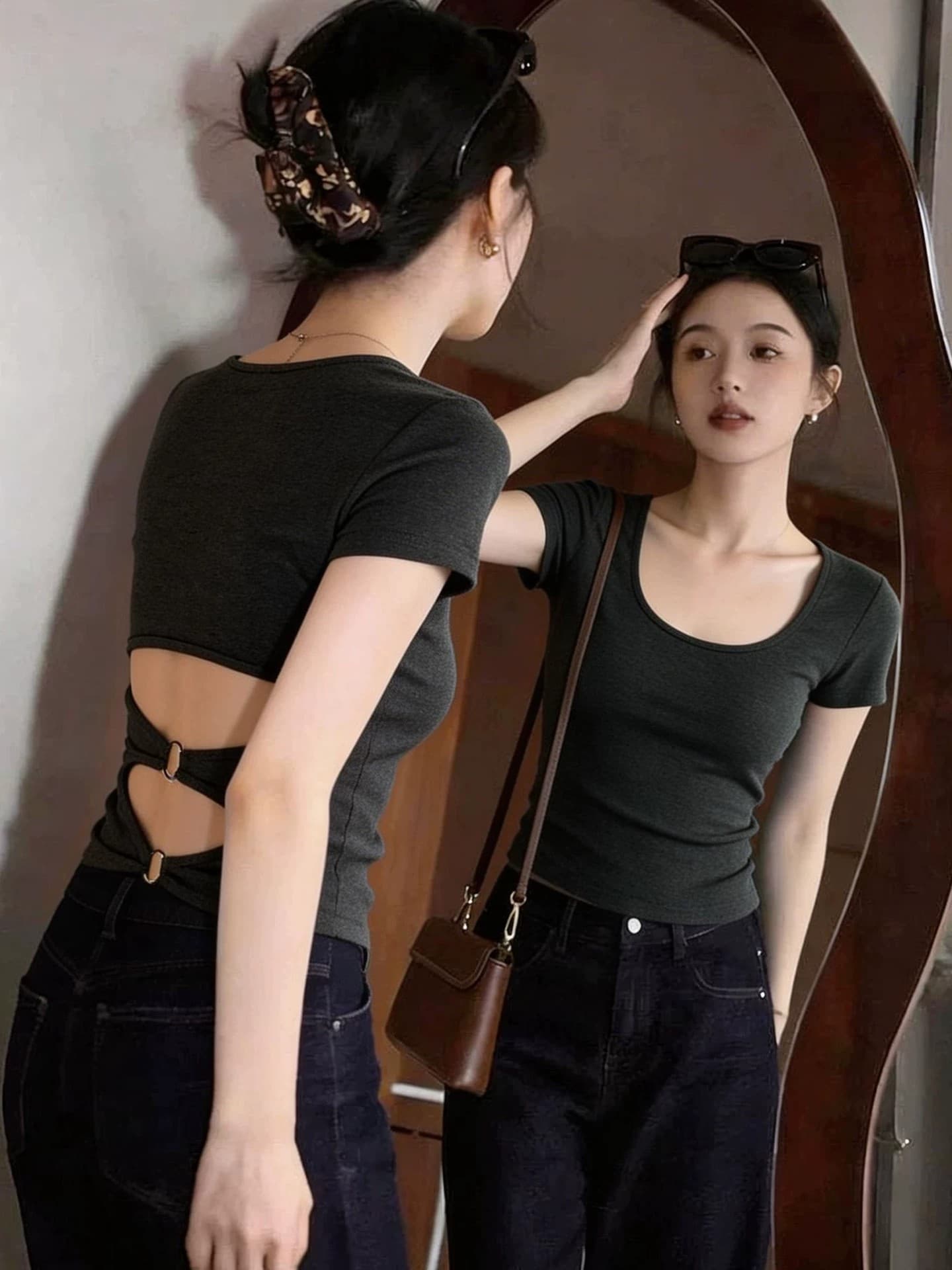 260 그램 사람들 면 순수한 욕망 이슬 허리 티셔츠 여성 여름 새로운 레트로 달콤한 핫걸 몸매 가꾸기 쇼트 스타일 다용도 반팔 맨위 상세 이미지 2