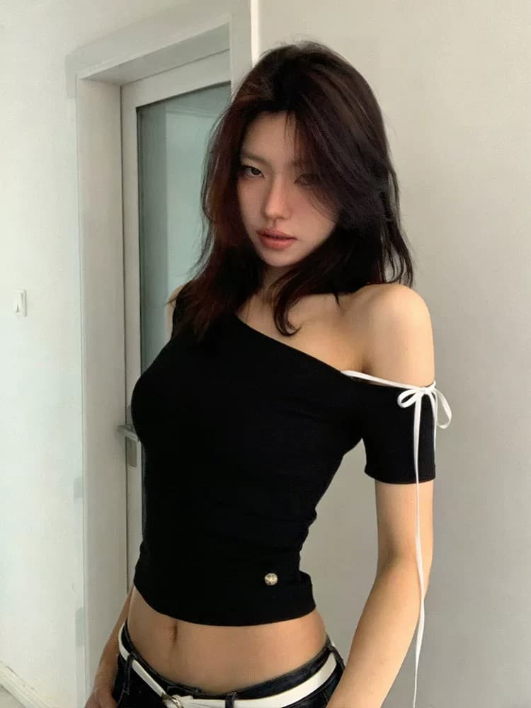 40 순면 아메리칸 핫걸 비스듬한 어깨 반팔 티셔츠 여성 여름 섹시함 스트랩 허리 수축 슬림해 보이는 오프숄더 쇼트 스타일 맨위 상세 이미지 2