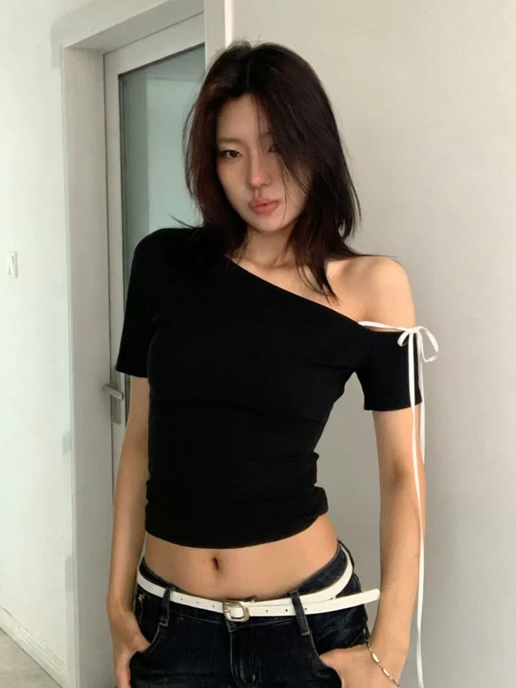 40 순면 아메리칸 핫걸 비스듬한 어깨 반팔 티셔츠 여성 여름 섹시함 스트랩 허리 수축 슬림해 보이는 오프숄더 쇼트 스타일 맨위 상세 이미지 3