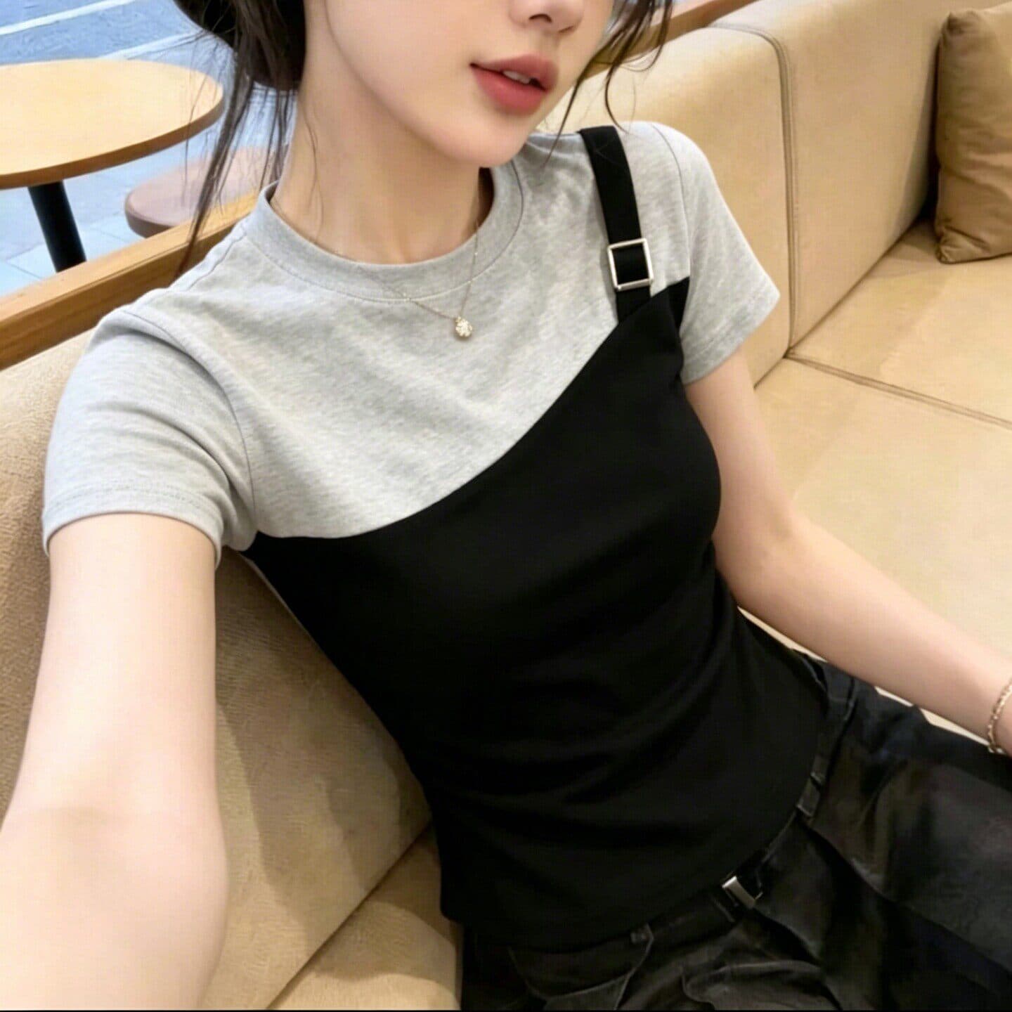 페이크 레이어드 반팔 티셔츠 여성 여름 새로운 핫걸 배색 패치워크 몸매 가꾸기 맨위 40 면 상세 이미지 2