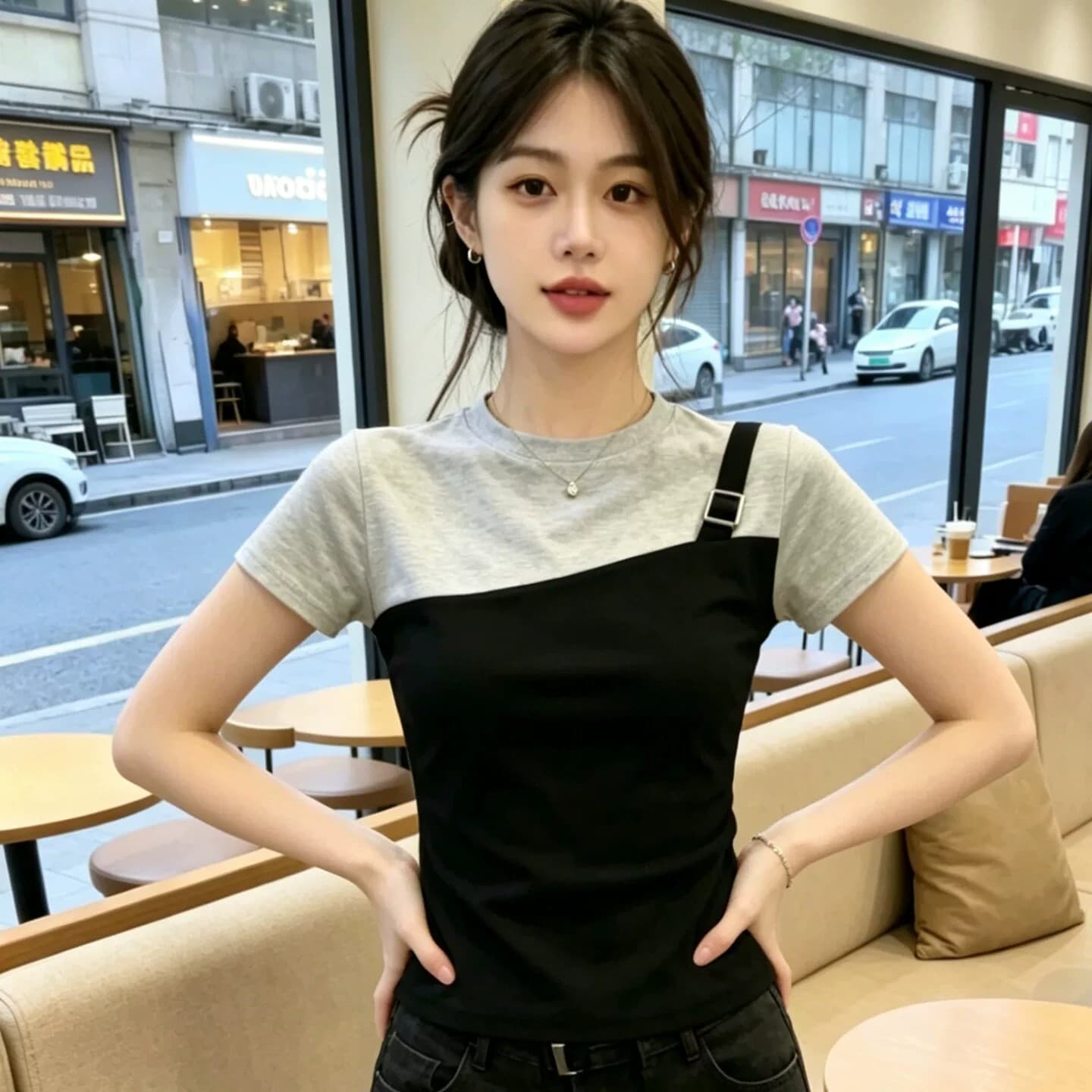 페이크 레이어드 반팔 티셔츠 여성 여름 새로운 핫걸 배색 패치워크 몸매 가꾸기 맨위 40 면 상세 이미지 5