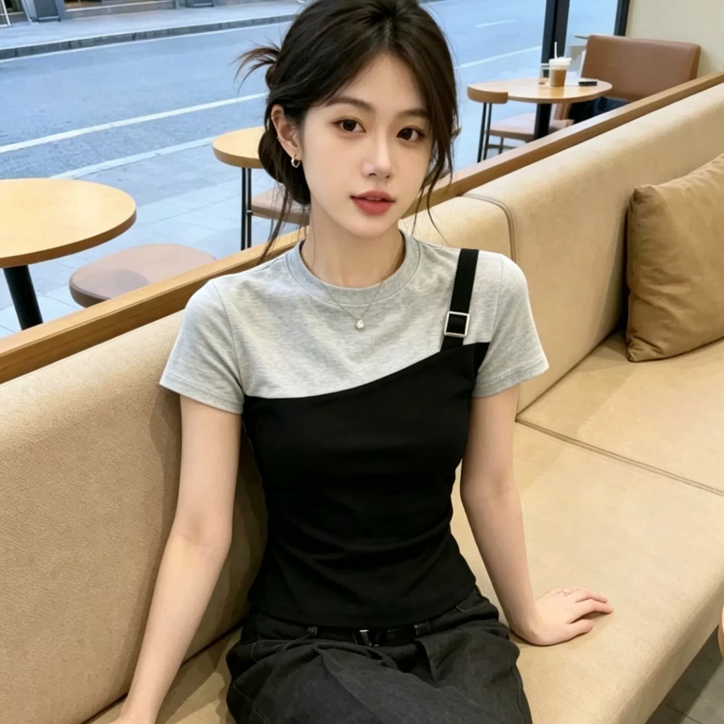 페이크 레이어드 반팔 티셔츠 여성 여름 새로운 핫걸 배색 패치워크 몸매 가꾸기 맨위 40 면 상세 이미지 6