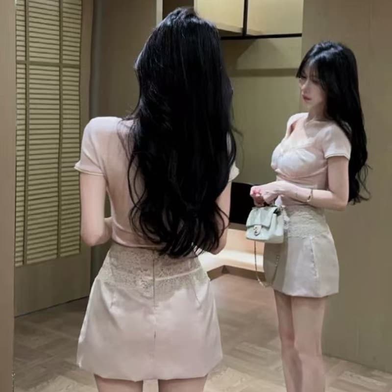 핑크색 나비 매듭 레이스 측면 광장 칼라 반팔 티셔츠 여성 여름 순수한 욕망 달콤한 핫걸 작은 맨위 자이언트 잘 생긴 아름다운 이미지 3