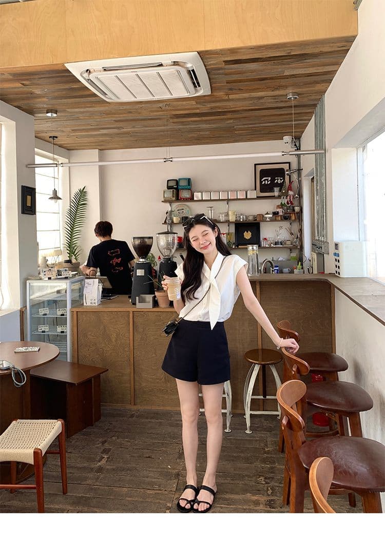 폴리 에스터 브로케이드 주름 부담하지 마세요. 센스 출퇴근 리본 칼라 화이트 반소매 맨위 여성 여름 슬림해 보이는 루즈핏 작은 셔츠 상세 이미지 7
