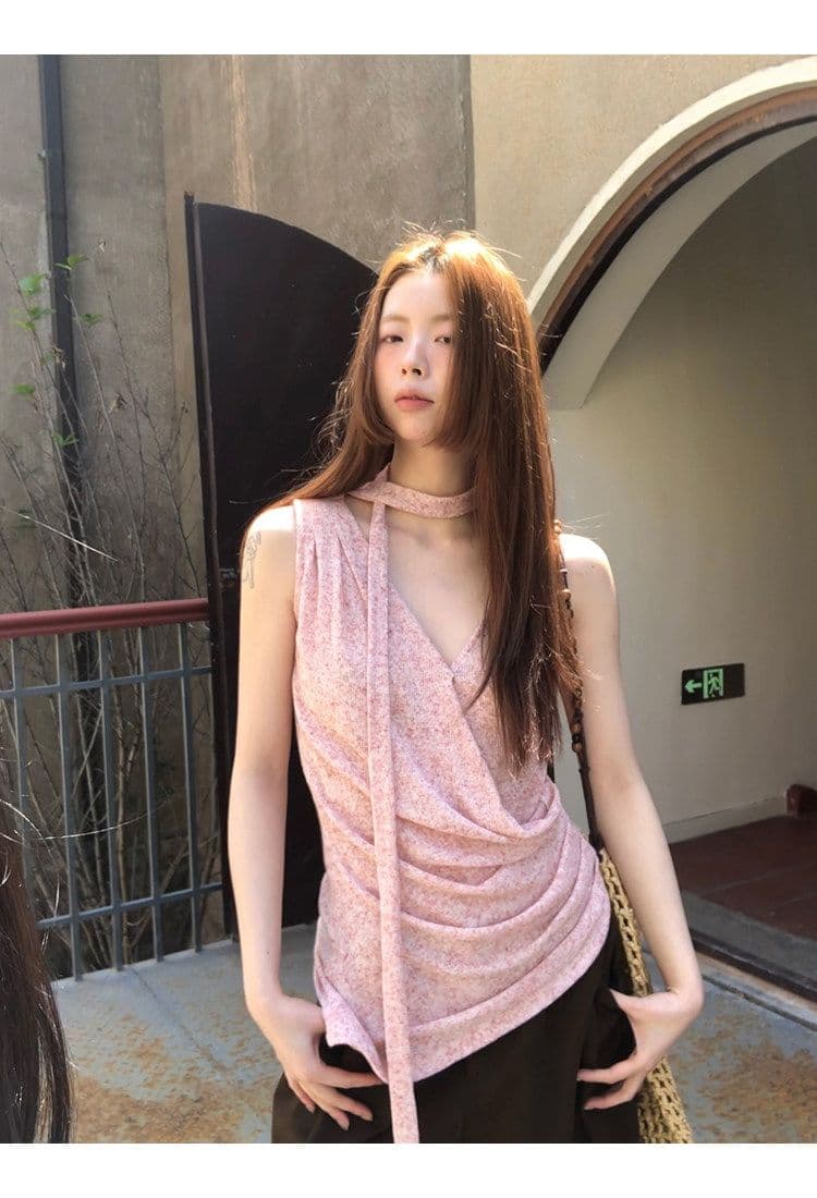 눈꽃 플러시 캐미솔 여름 외출용 아름다움 뒤로 프랑스식 핑크색 고급 센스 민소매 행침 목 맨위 상세 이미지 4