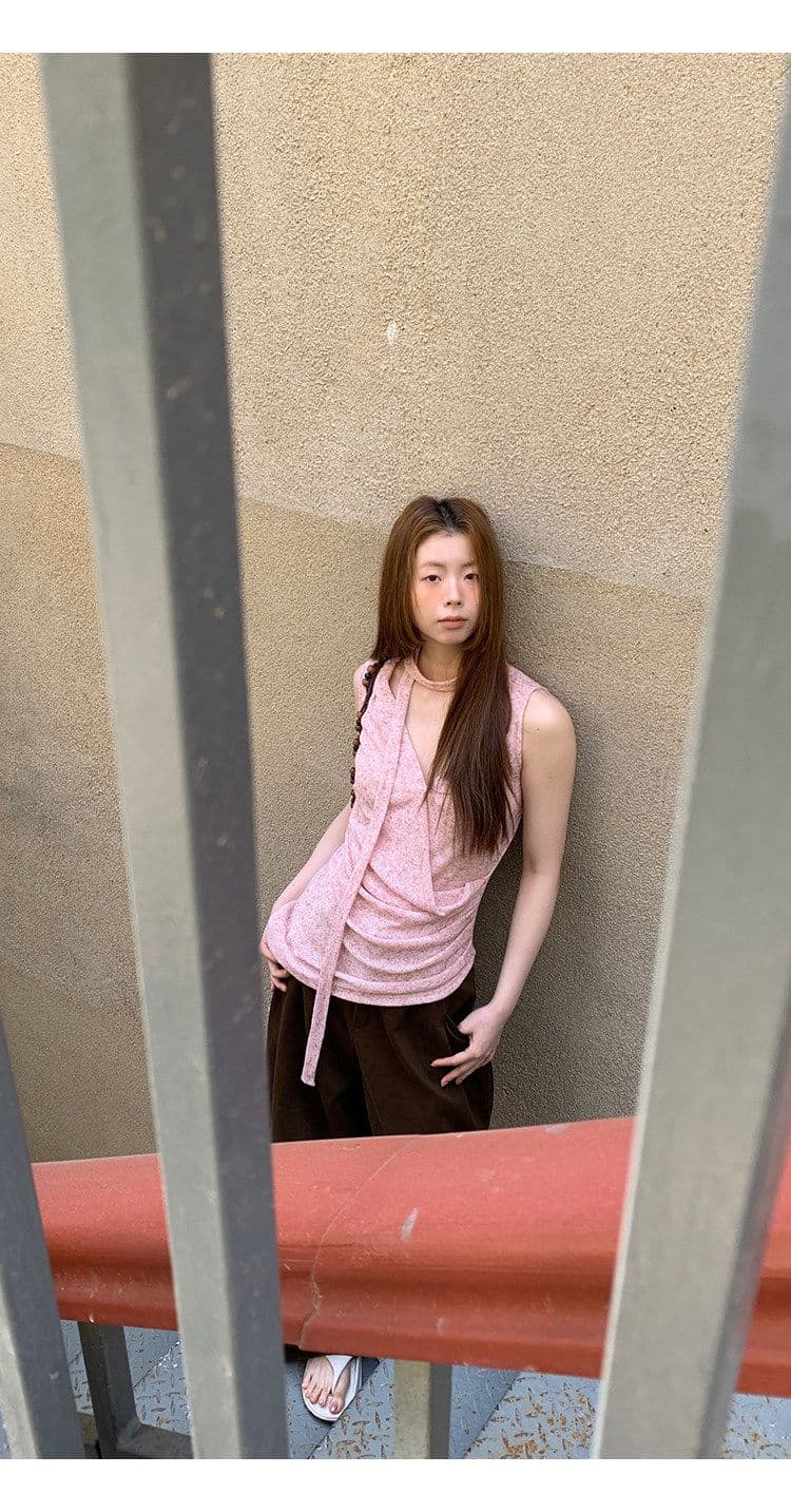 눈꽃 플러시 캐미솔 여름 외출용 아름다움 뒤로 프랑스식 핑크색 고급 센스 민소매 행침 목 맨위 상세 이미지 7