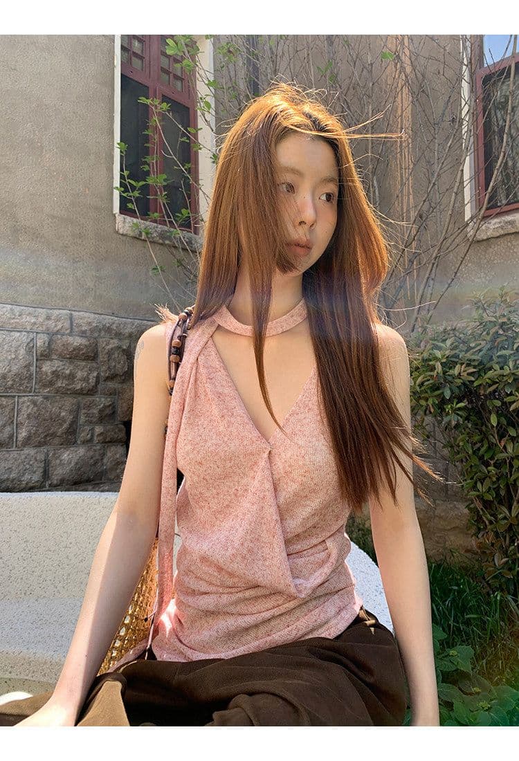 눈꽃 플러시 캐미솔 여름 외출용 아름다움 뒤로 프랑스식 핑크색 고급 센스 민소매 행침 목 맨위 상세 이미지 11