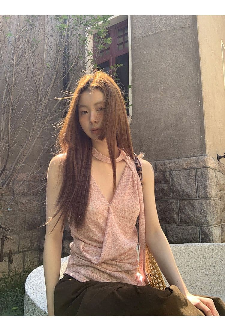 눈꽃 플러시 캐미솔 여름 외출용 아름다움 뒤로 프랑스식 핑크색 고급 센스 민소매 행침 목 맨위 상세 이미지 12
