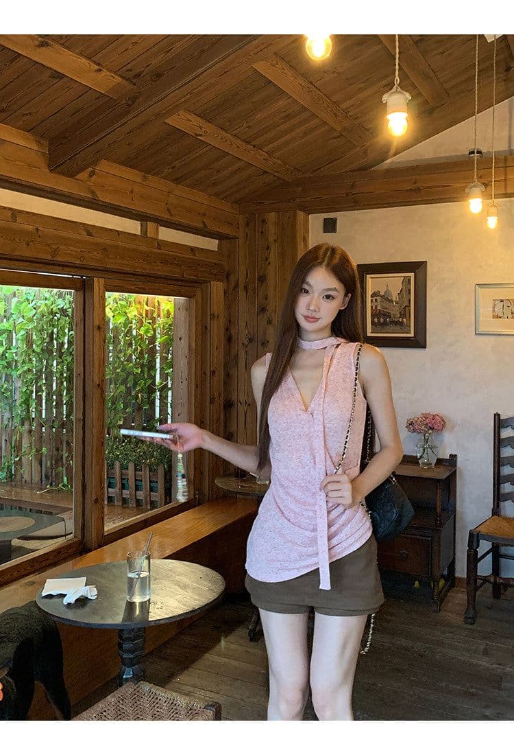 눈꽃 플러시 캐미솔 여름 외출용 아름다움 뒤로 프랑스식 핑크색 고급 센스 민소매 행침 목 맨위 상세 이미지 21