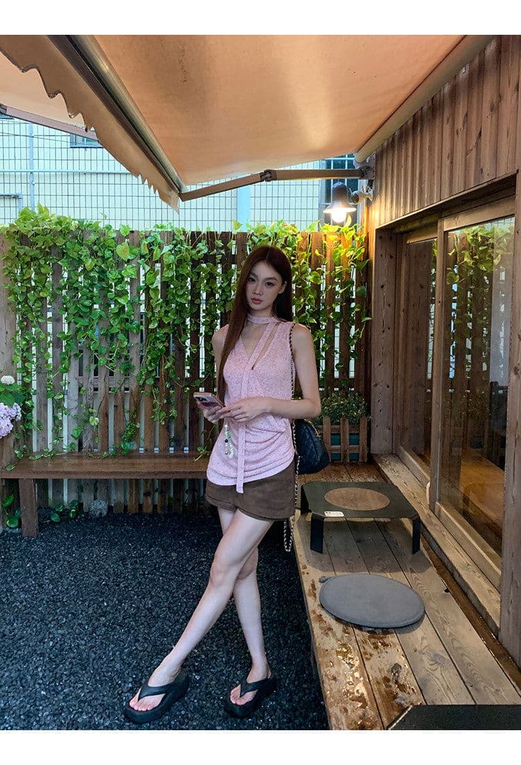 눈꽃 플러시 캐미솔 여름 외출용 아름다움 뒤로 프랑스식 핑크색 고급 센스 민소매 행침 목 맨위 상세 이미지 23
