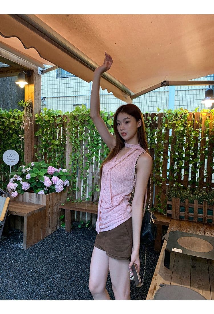 눈꽃 플러시 캐미솔 여름 외출용 아름다움 뒤로 프랑스식 핑크색 고급 센스 민소매 행침 목 맨위 상세 이미지 24