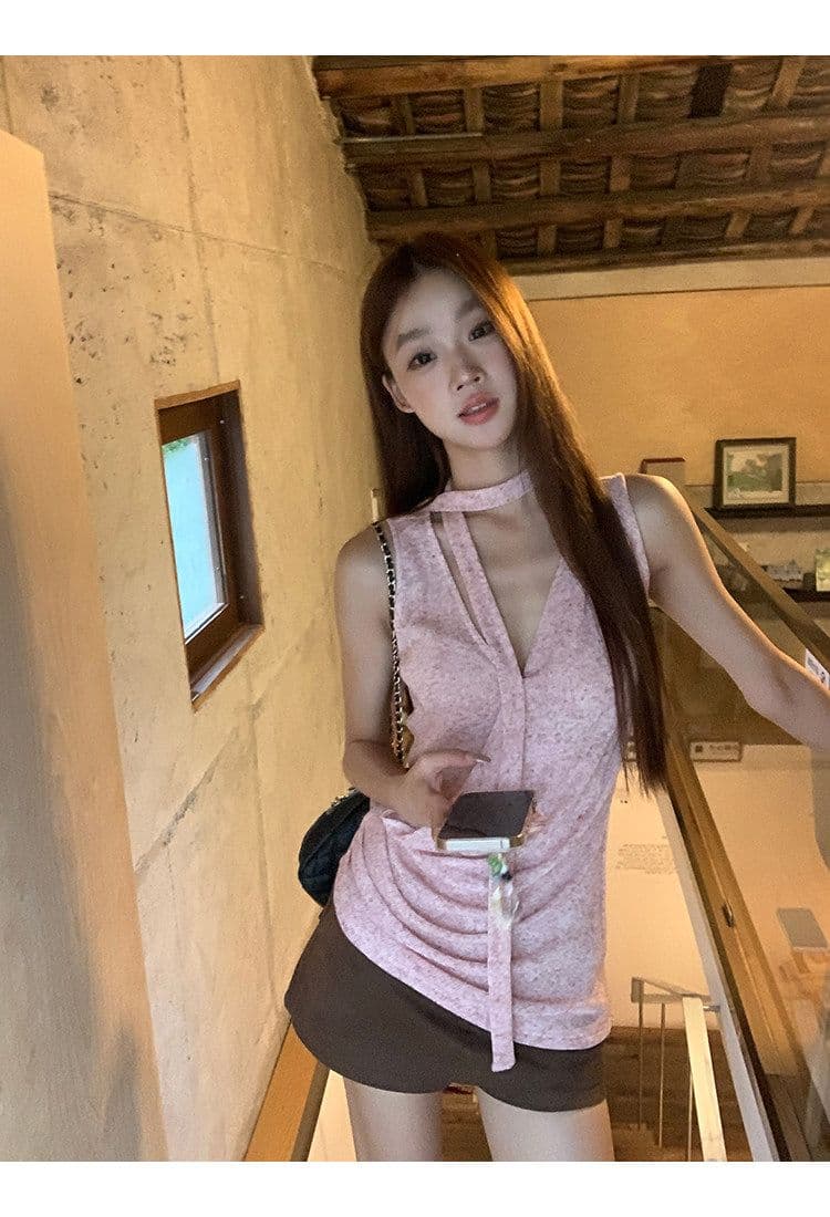 눈꽃 플러시 캐미솔 여름 외출용 아름다움 뒤로 프랑스식 핑크색 고급 센스 민소매 행침 목 맨위 상세 이미지 27