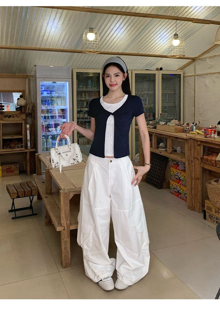 꽃무늬 페이크 레이어드 반팔 티셔츠 여성 여름 디자인 센스 쇼트 스타일 몸매 가꾸기 디스플레이 얇고 작은 맨위 상세 이미지 5