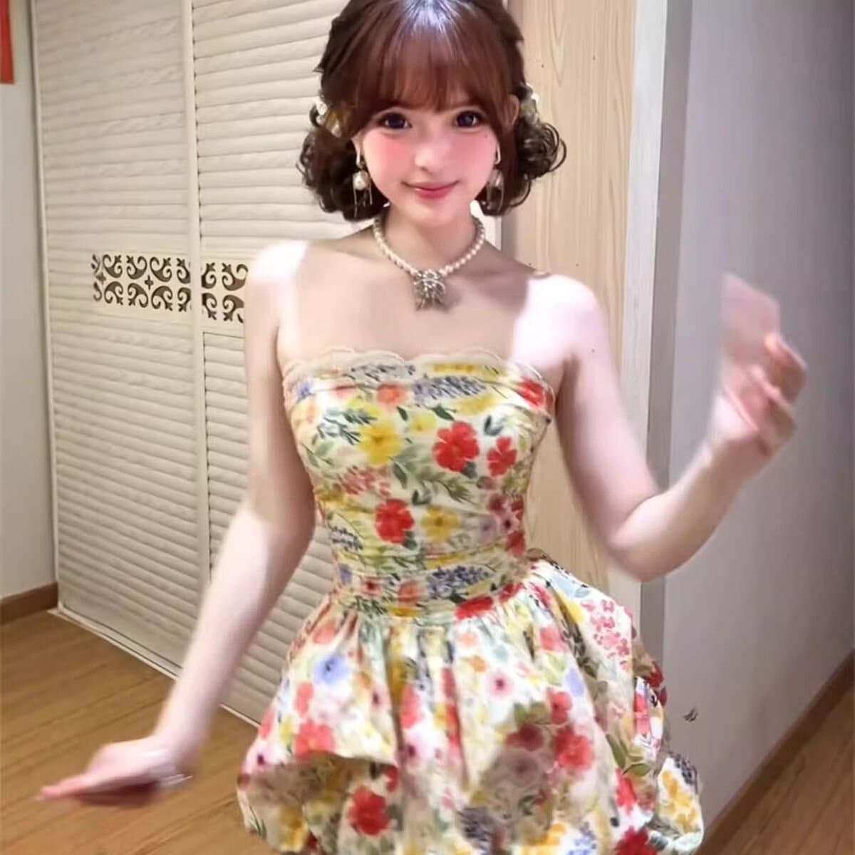것 있음 네리 프랑스식 달콤함 꽃무늬 슬립 해변가 휴가 레이스 조각 허리 수축 꽃밭 미니 스커트 여성 이미지 5