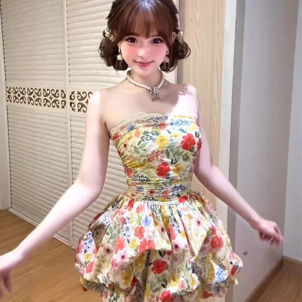 것 있음 네리 프랑스식 달콤함 꽃무늬 슬립 해변가 휴가 레이스 조각 허리 수축 꽃밭 미니 스커트 여성 상세 이미지 5