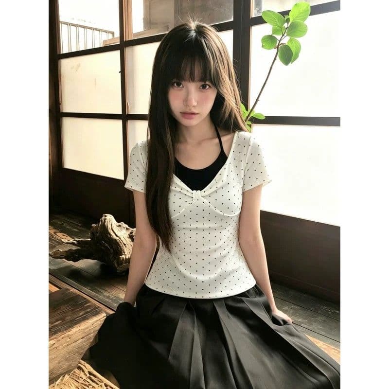 화이트 도트 무늬 페이크 레이어드 행침 목 긍정적 인 어깨 반팔 티셔츠 여성 여름 몸매 가꾸기 한 첨부 된 의류 이미지 2