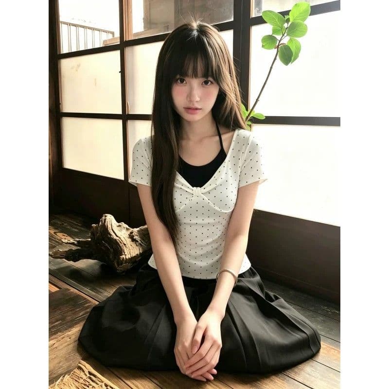 화이트 도트 무늬 페이크 레이어드 행침 목 긍정적 인 어깨 반팔 티셔츠 여성 여름 몸매 가꾸기 한 첨부 된 의류 상세 이미지 2