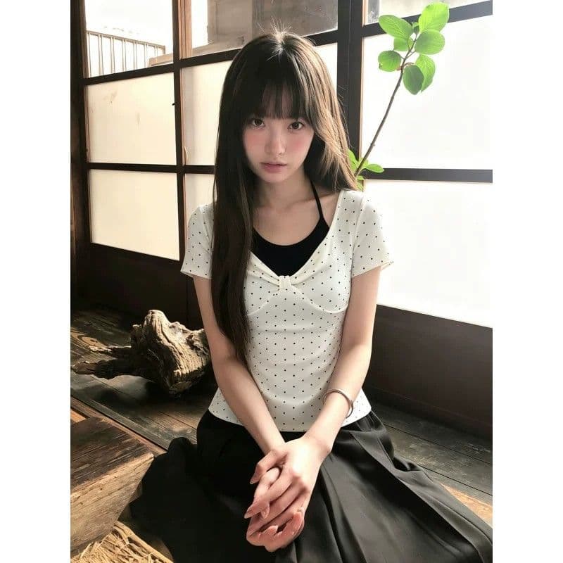 화이트 도트 무늬 페이크 레이어드 행침 목 긍정적 인 어깨 반팔 티셔츠 여성 여름 몸매 가꾸기 한 첨부 된 의류 상세 이미지 4