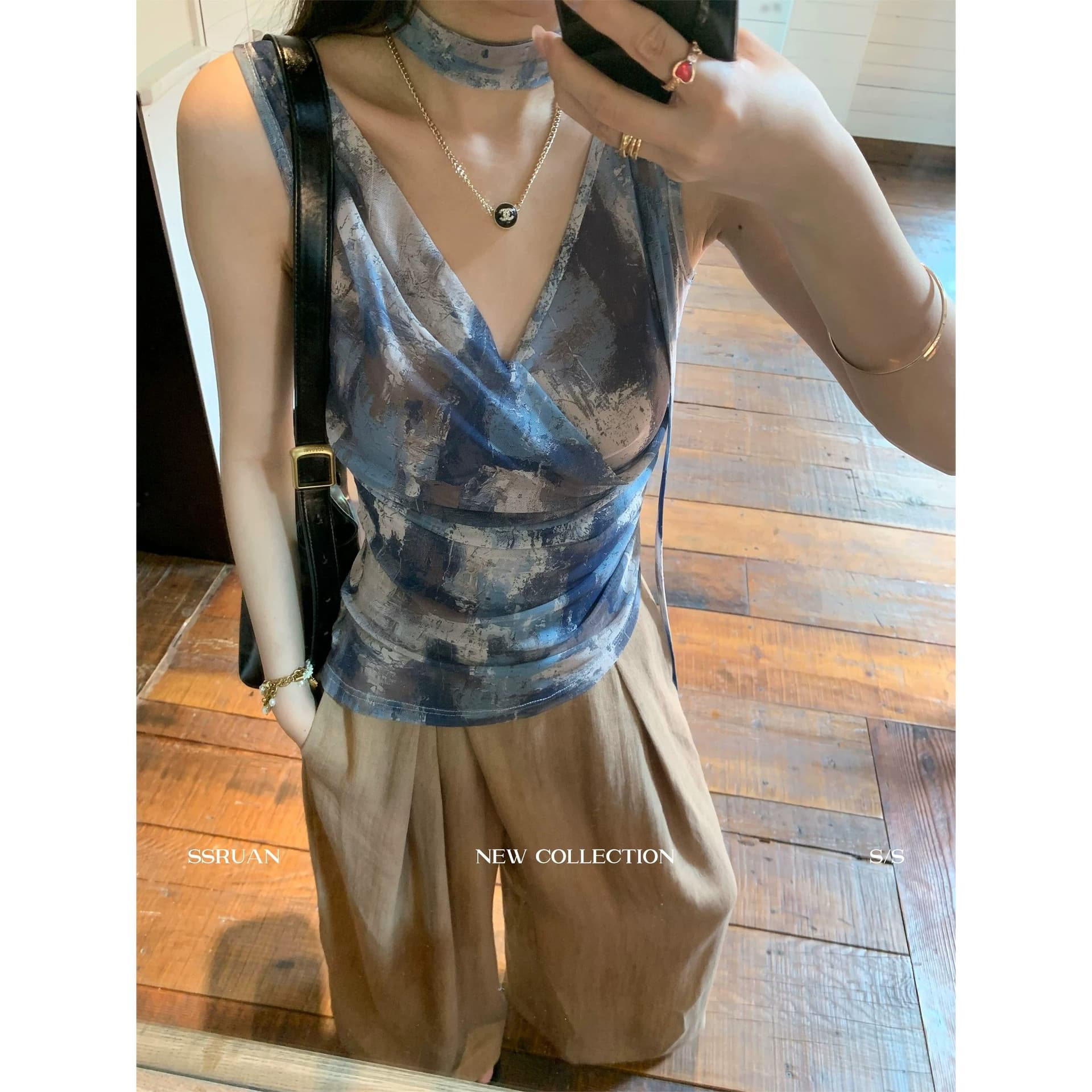 블루 색 후광 염색 프린트 V넥 리본 조끼 여성 민소매 허리 수축 아름다운 슬립 자이언트 잘 생긴 Chic 맨위 여름 이미지 2
