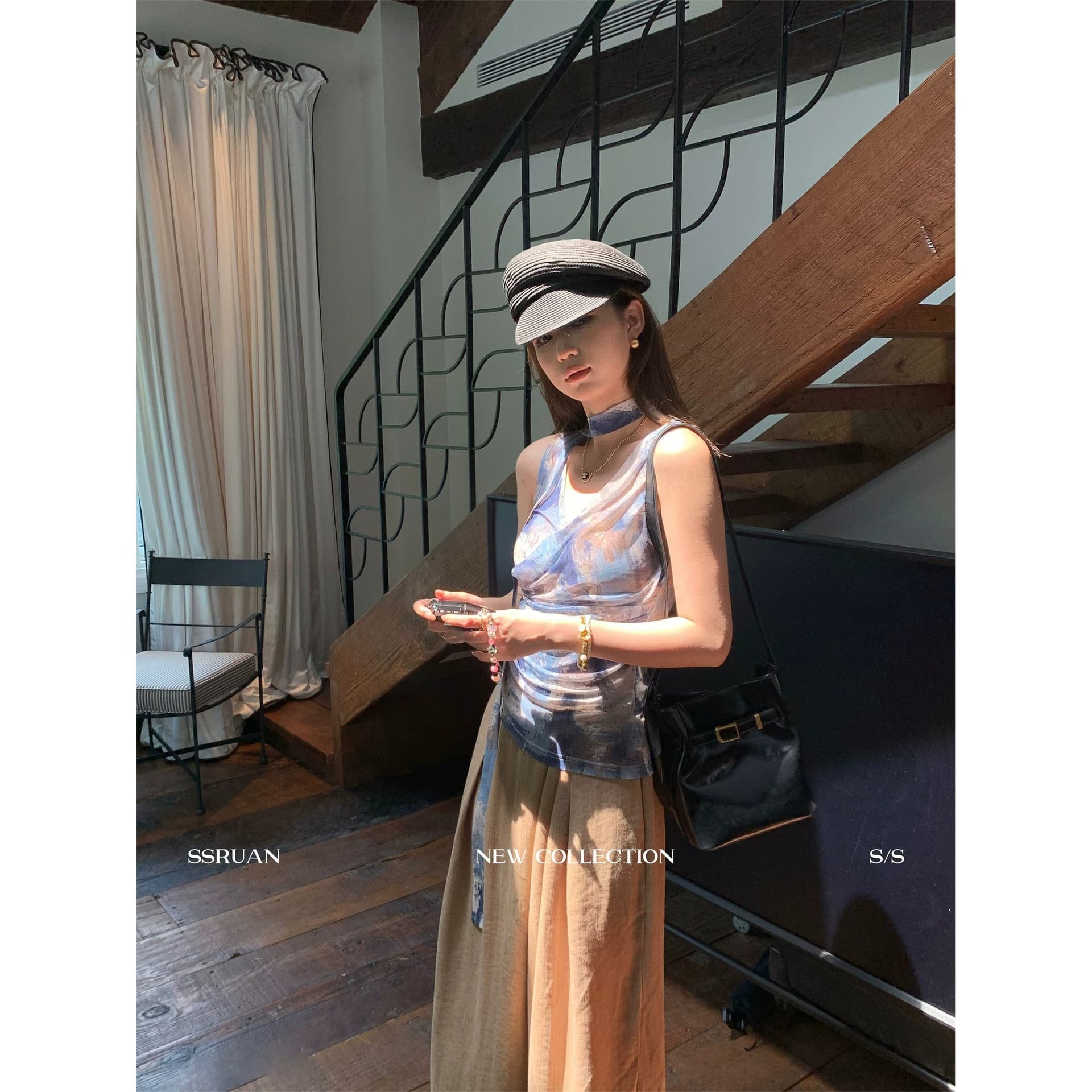 블루 색 후광 염색 프린트 V넥 리본 조끼 여성 민소매 허리 수축 아름다운 슬립 자이언트 잘 생긴 Chic 맨위 여름 이미지 3