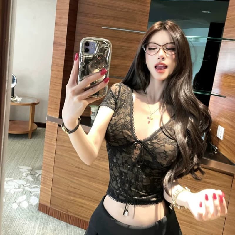 순수한 욕망 바람 V넥 레이스업 마이크로 ~을 통해 레이스 셔츠 여성 여름 몸매 가꾸기 슬림해 보이는 핫걸 반팔 맨위