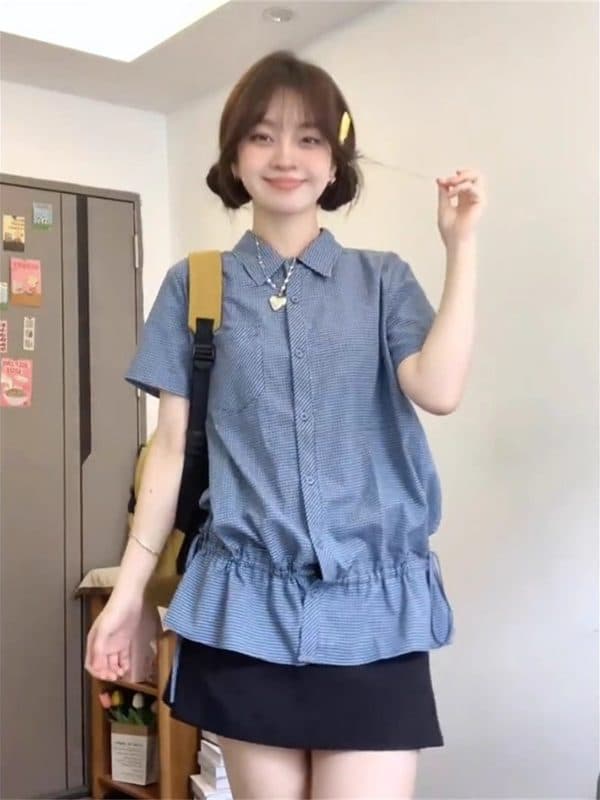 펌프 로프 밑단 허리 수축 맨위 블루 체크무늬 빅 사이즈 슬림해 보이는 레이스 셔츠 상세 이미지 4
