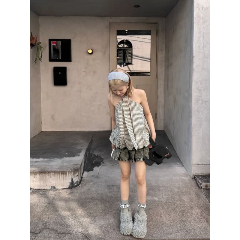 작은 키 스트라이프 행침 목 조끼 오프숄더 넥타이 구름 꽃밭 Chic 작은 대중 디자인 센스 루즈핏 맨위 이미지 3