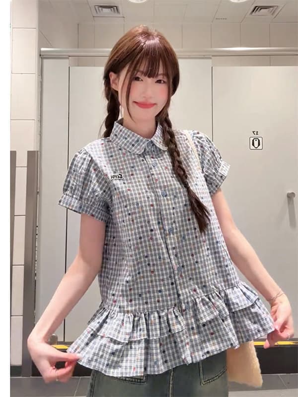 한 부서 레트로 파란색 체크무늬 반팔 여성 셔츠 여름 루즈핏 학원 스타일 허리 수축 폴로 칼라 셔츠 맨위 상세 이미지 3