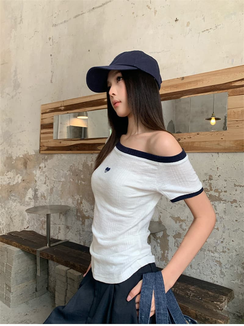 핫걸 바람 비스듬한 어깨 반팔 티셔츠 여성 여름 배색 패치워크 오프숄더 맨위 상세 이미지 16