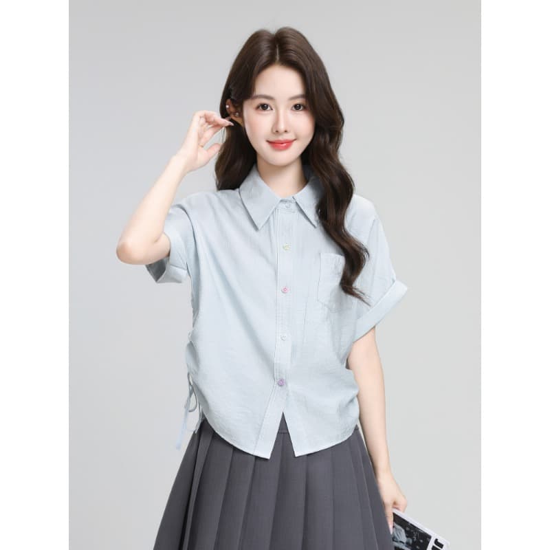 파란색 POLO 칼라 반팔 셔츠 디자인 펌프 로프 스트랩 꼬집기 허리 위로 의류 이미지 2