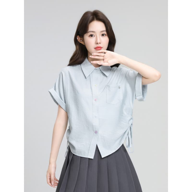 파란색 POLO 칼라 반팔 셔츠 디자인 펌프 로프 스트랩 꼬집기 허리 위로 의류