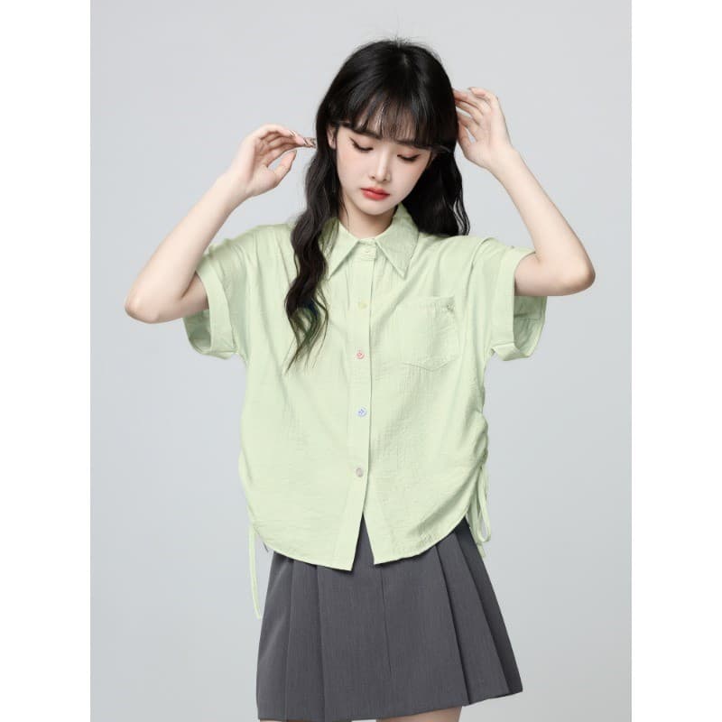 파란색 POLO 칼라 반팔 셔츠 디자인 펌프 로프 스트랩 꼬집기 허리 위로 의류 이미지 3