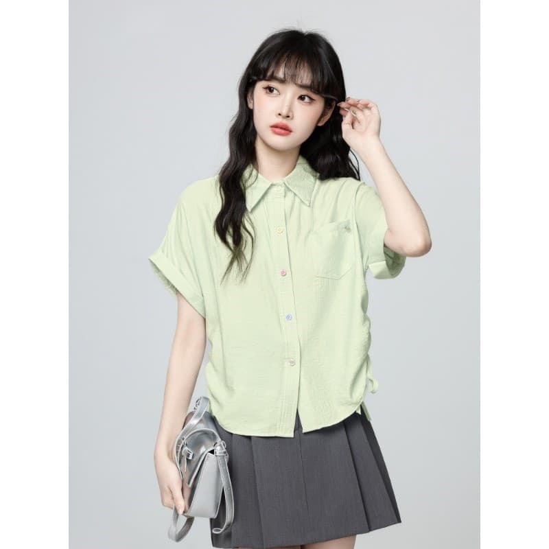 파란색 POLO 칼라 반팔 셔츠 디자인 펌프 로프 스트랩 꼬집기 허리 위로 의류 이미지 5