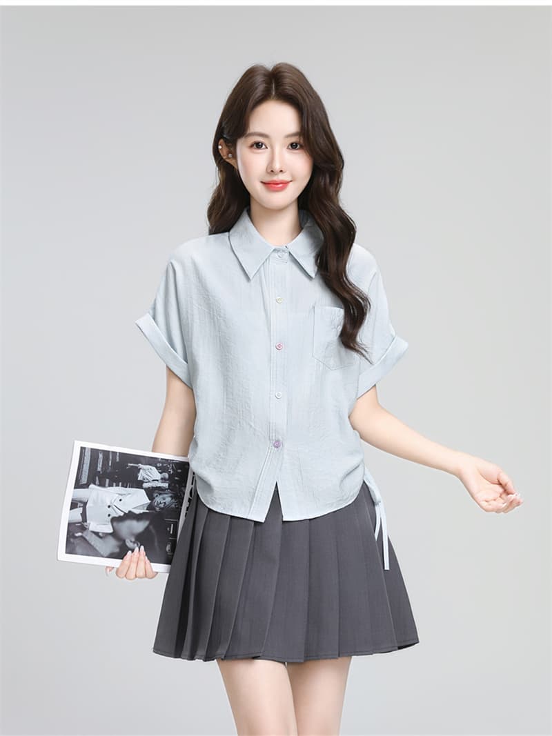 파란색 POLO 칼라 반팔 셔츠 디자인 펌프 로프 스트랩 꼬집기 허리 위로 의류 상세 이미지 3