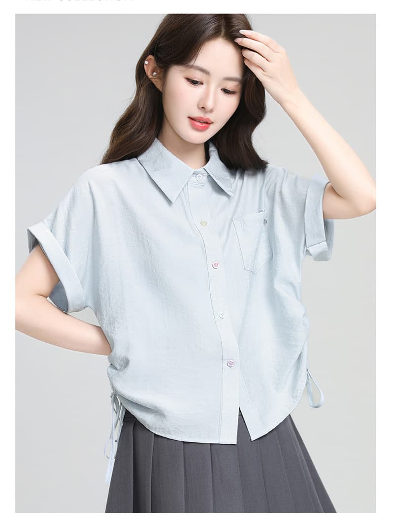 파란색 POLO 칼라 반팔 셔츠 디자인 펌프 로프 스트랩 꼬집기 허리 위로 의류 상세 이미지 5