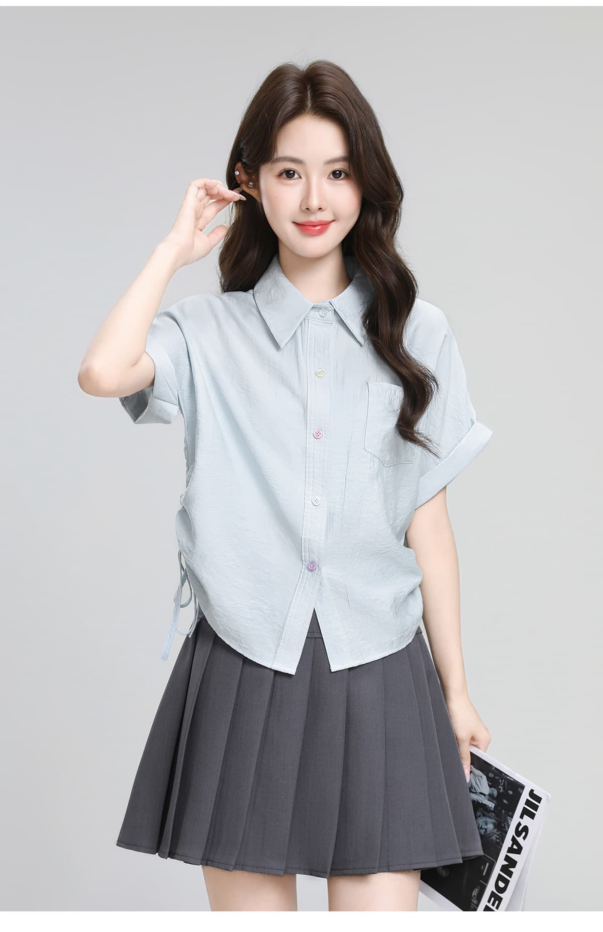 파란색 POLO 칼라 반팔 셔츠 디자인 펌프 로프 스트랩 꼬집기 허리 위로 의류 상세 이미지 6