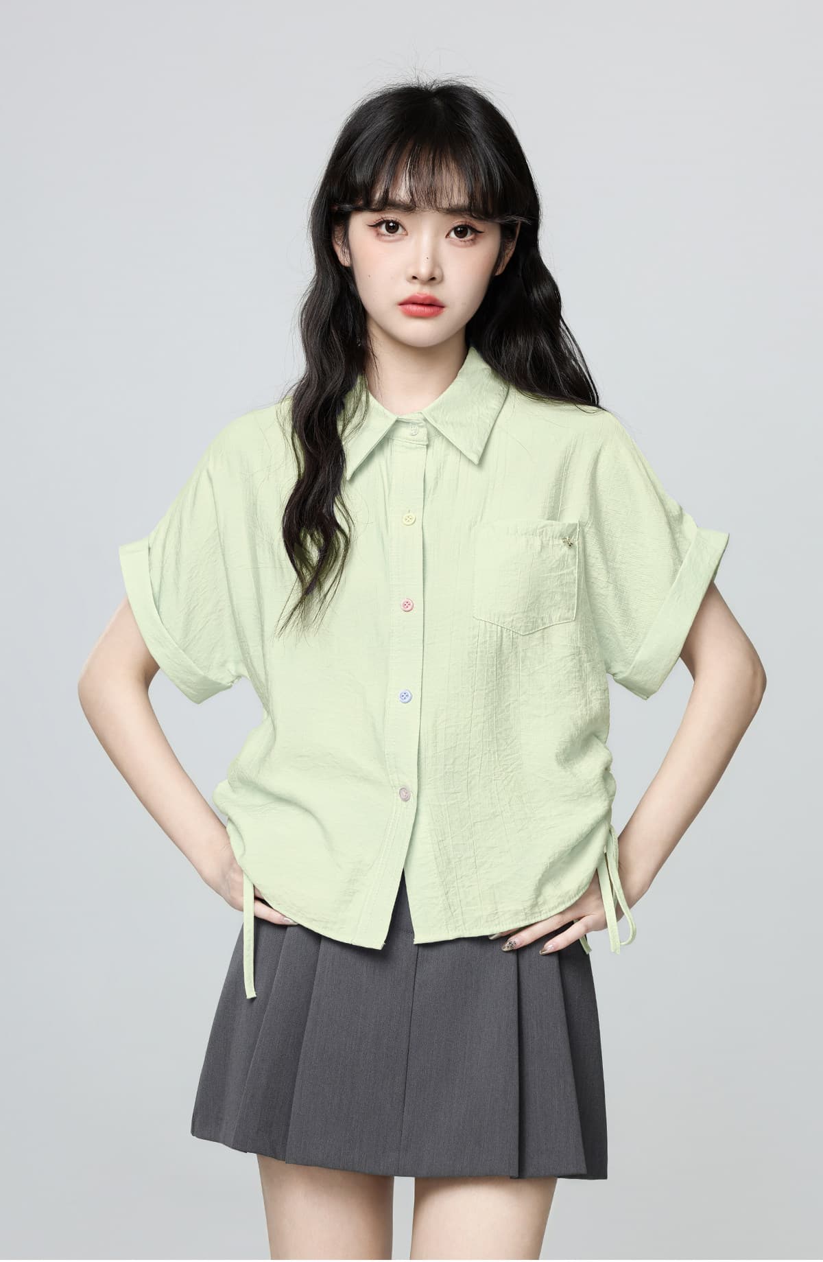 파란색 POLO 칼라 반팔 셔츠 디자인 펌프 로프 스트랩 꼬집기 허리 위로 의류 상세 이미지 8