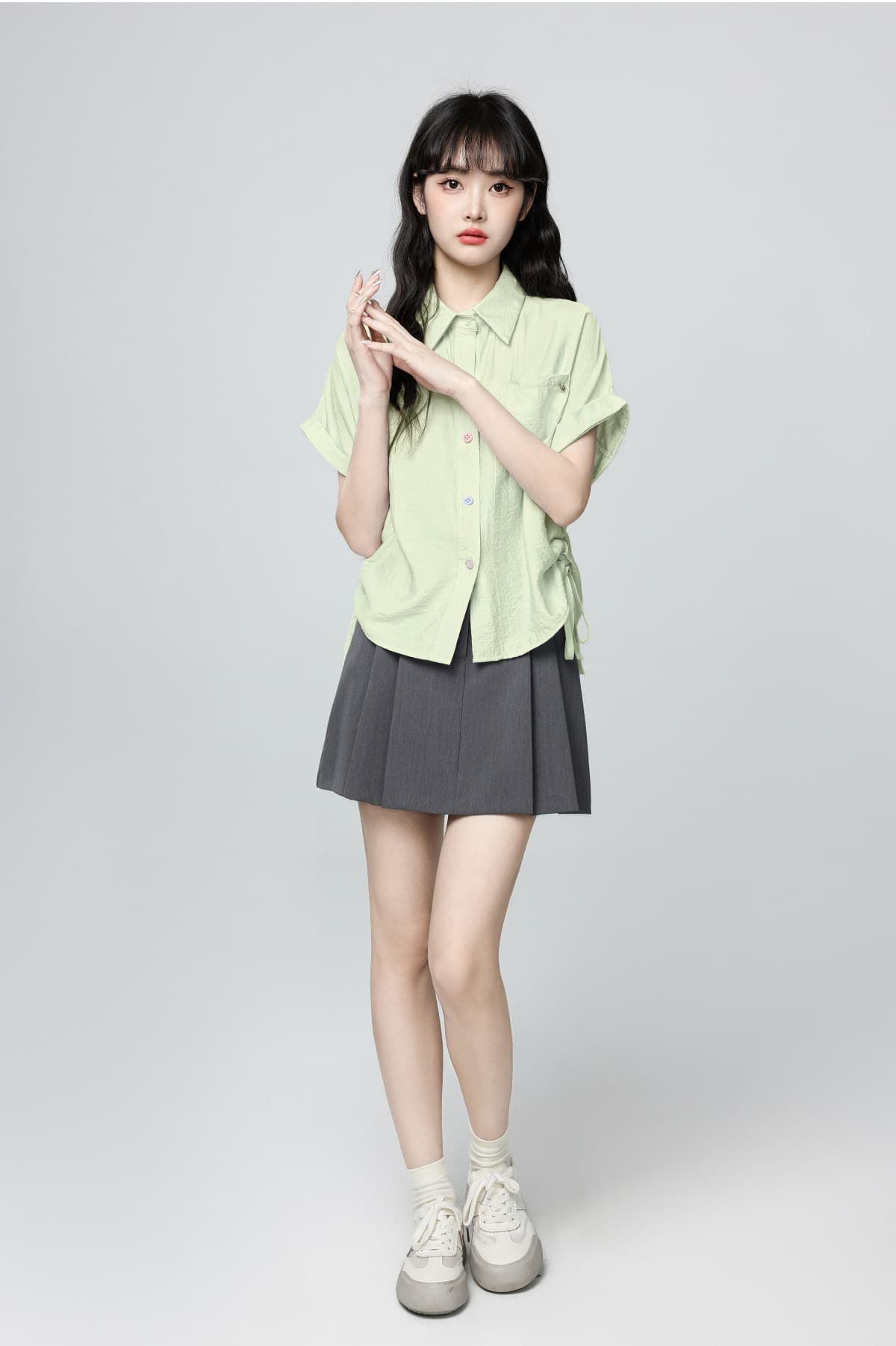 파란색 POLO 칼라 반팔 셔츠 디자인 펌프 로프 스트랩 꼬집기 허리 위로 의류 상세 이미지 10