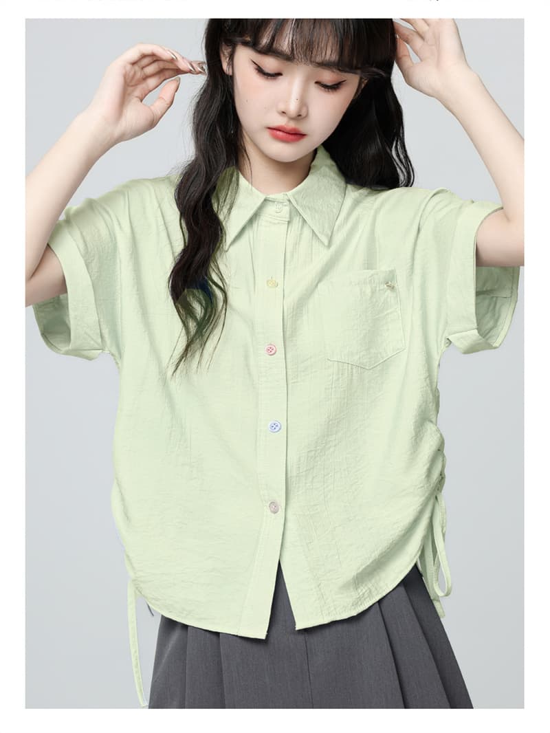 파란색 POLO 칼라 반팔 셔츠 디자인 펌프 로프 스트랩 꼬집기 허리 위로 의류 상세 이미지 11