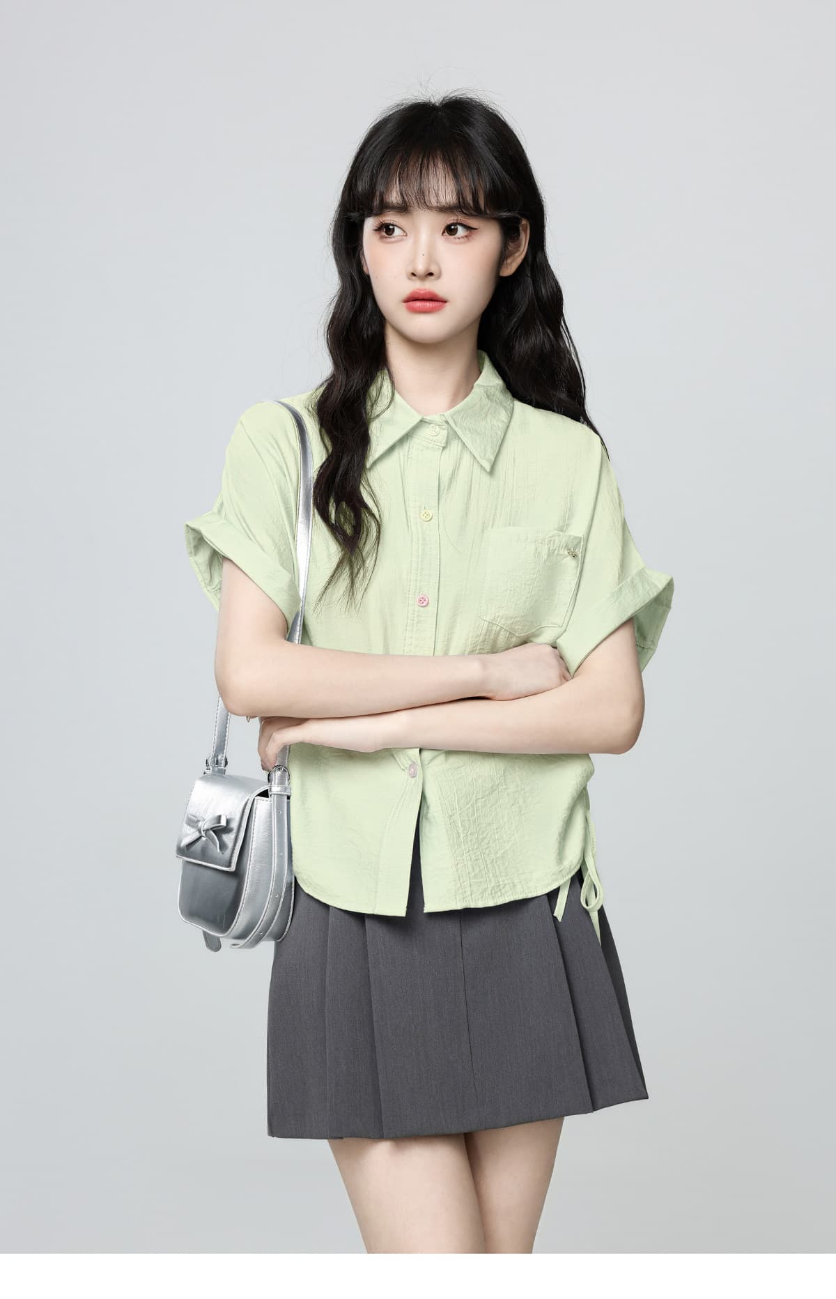 파란색 POLO 칼라 반팔 셔츠 디자인 펌프 로프 스트랩 꼬집기 허리 위로 의류 상세 이미지 12