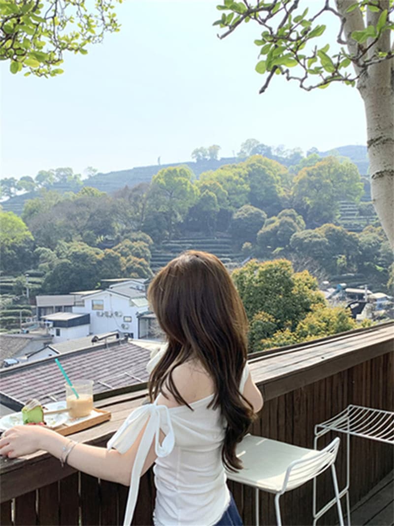 사람들 면 하나 의류 기타 착용 나비 매듭 스트랩 핫걸 비스듬한 어깨 반팔 티셔츠 여성 여름 상세 이미지 11