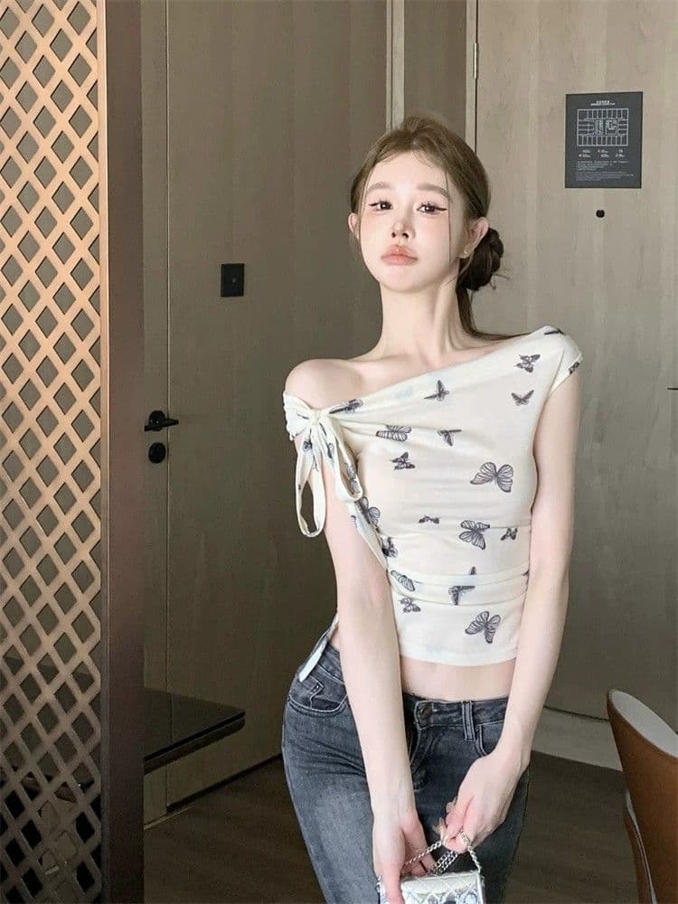 프랑스식 달콤함 디자인 센스 오프숄더 행침 목 반팔 티셔츠 여성 기본 셔츠 여름 주름 허리 수축 Chic 맨위 상세 이미지 1