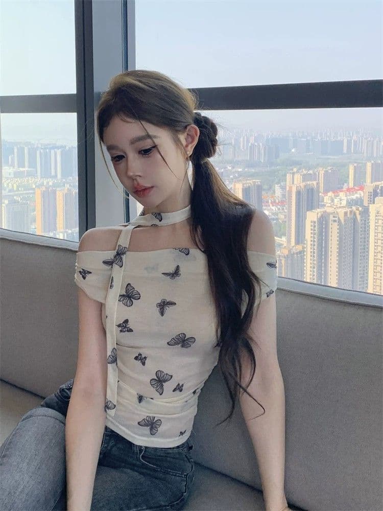 프랑스식 달콤함 디자인 센스 오프숄더 행침 목 반팔 티셔츠 여성 기본 셔츠 여름 주름 허리 수축 Chic 맨위 상세 이미지 4