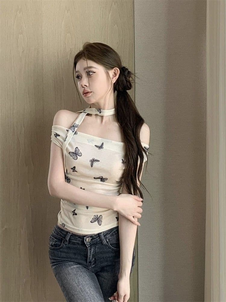 프랑스식 달콤함 디자인 센스 오프숄더 행침 목 반팔 티셔츠 여성 기본 셔츠 여름 주름 허리 수축 Chic 맨위 상세 이미지 6