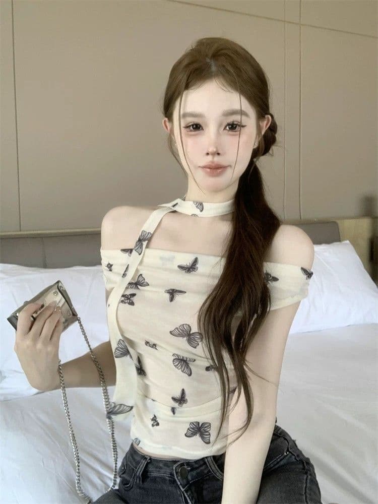 프랑스식 달콤함 디자인 센스 오프숄더 행침 목 반팔 티셔츠 여성 기본 셔츠 여름 주름 허리 수축 Chic 맨위 상세 이미지 8