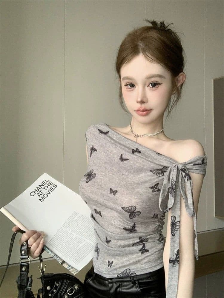 프랑스식 달콤함 디자인 센스 오프숄더 행침 목 반팔 티셔츠 여성 기본 셔츠 여름 주름 허리 수축 Chic 맨위 상세 이미지 9