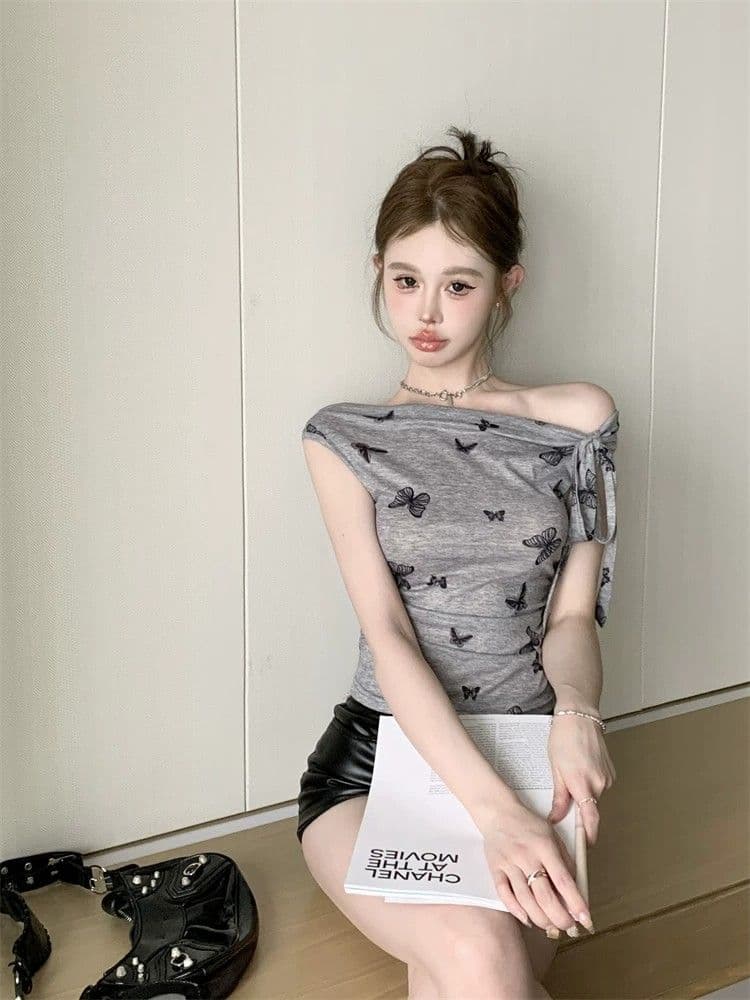 프랑스식 달콤함 디자인 센스 오프숄더 행침 목 반팔 티셔츠 여성 기본 셔츠 여름 주름 허리 수축 Chic 맨위 상세 이미지 12