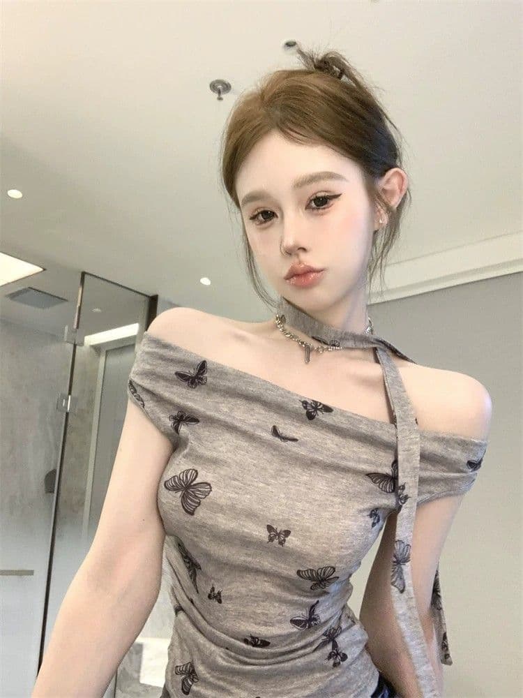 프랑스식 달콤함 디자인 센스 오프숄더 행침 목 반팔 티셔츠 여성 기본 셔츠 여름 주름 허리 수축 Chic 맨위 상세 이미지 14