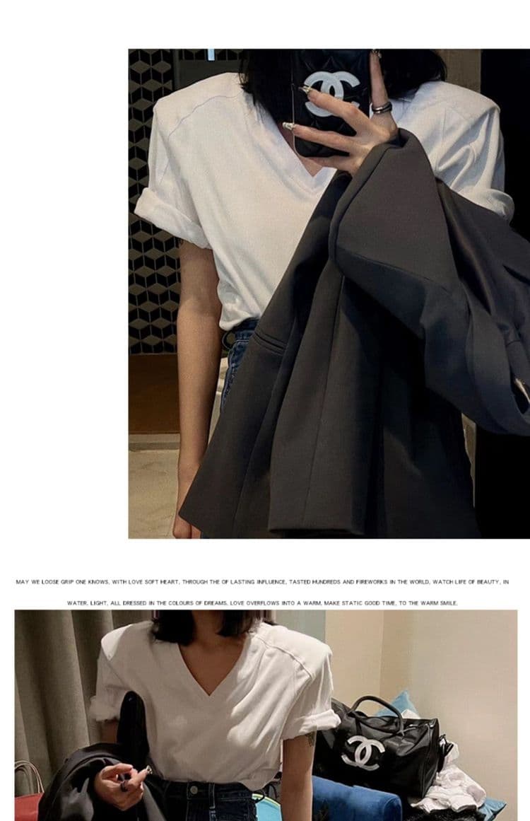 원본 품질 V넥 어깨 패드 티셔츠 여성 홍콩 느낌 루즈핏 한국 스타일 반팔 맨위 상세 이미지 5